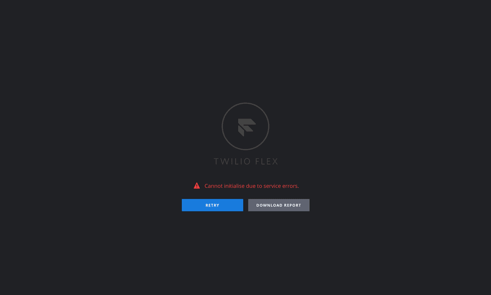 Twilio Flex error screen with retry and download report options.