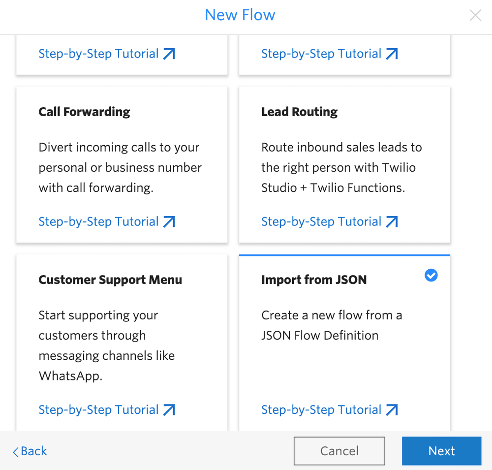 New Flow window for importing JSON Flow definition with empty code editor.