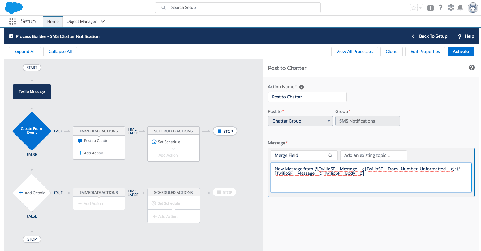 Post Twilio SMS to a Chatter group in Salesforce.