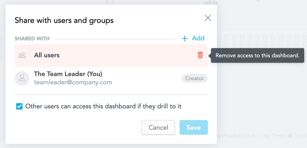 Dialog to share dashboard with users, option to remove all users.