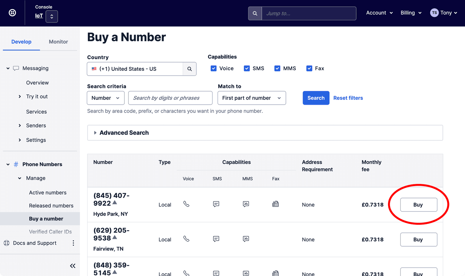 Twilio for Salesforce configure app — buy a phone number.