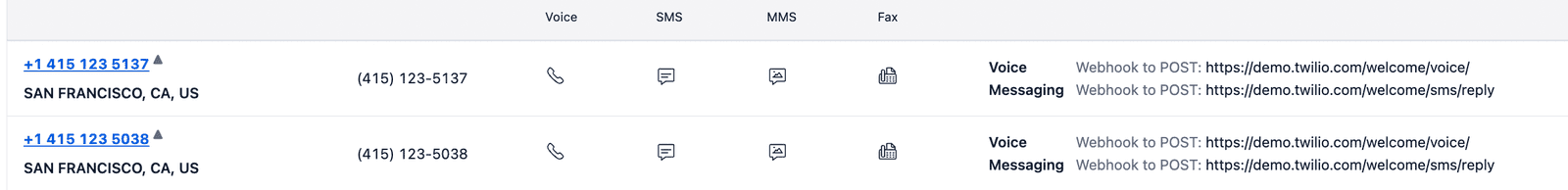 List of active phone numbers with voice and messaging webhooks for San Francisco, CA.