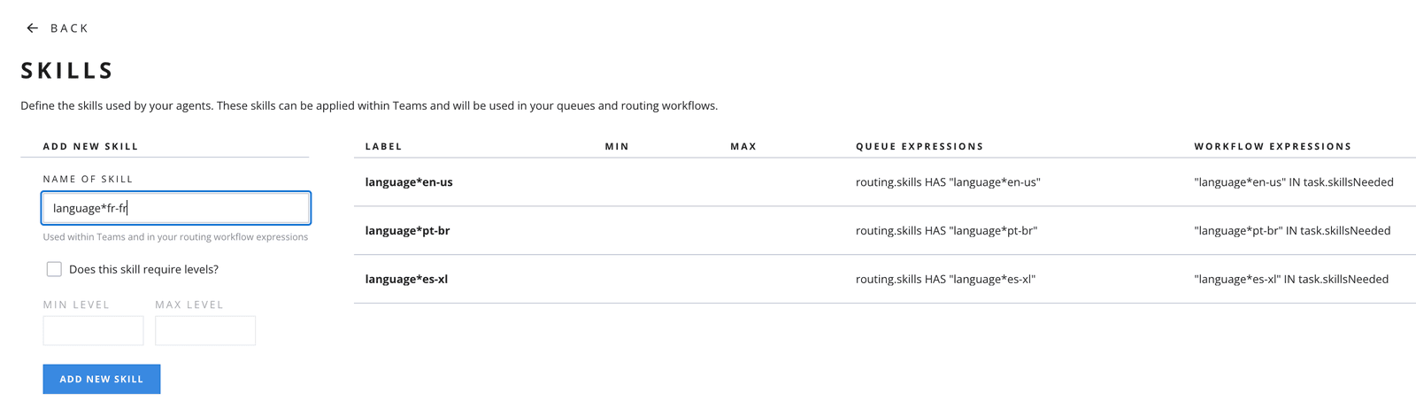 Form to add a new skill with language options and level settings.
