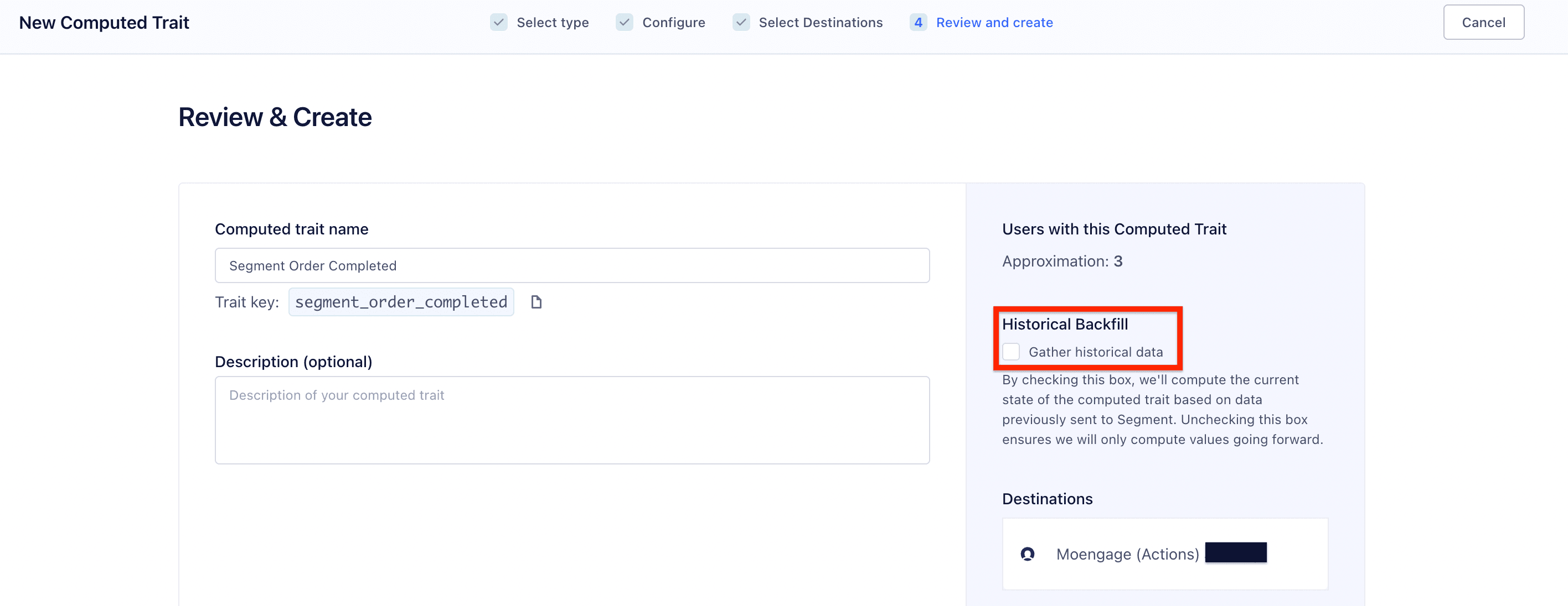 Screenshot of Review & Create page with Historial Backfill section highlighted.
