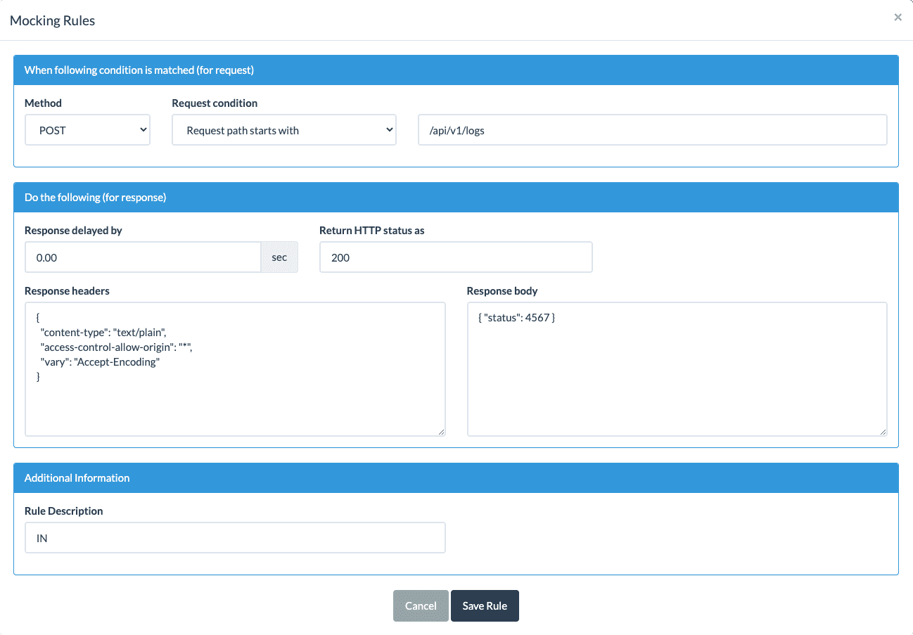 The Beeceptor POST mocking rules.