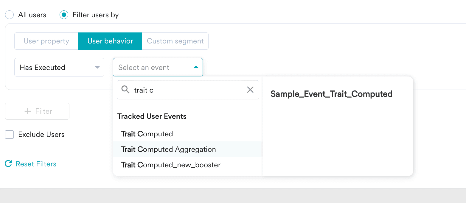 Screenshot of User behavior filter in MoEngage UI.