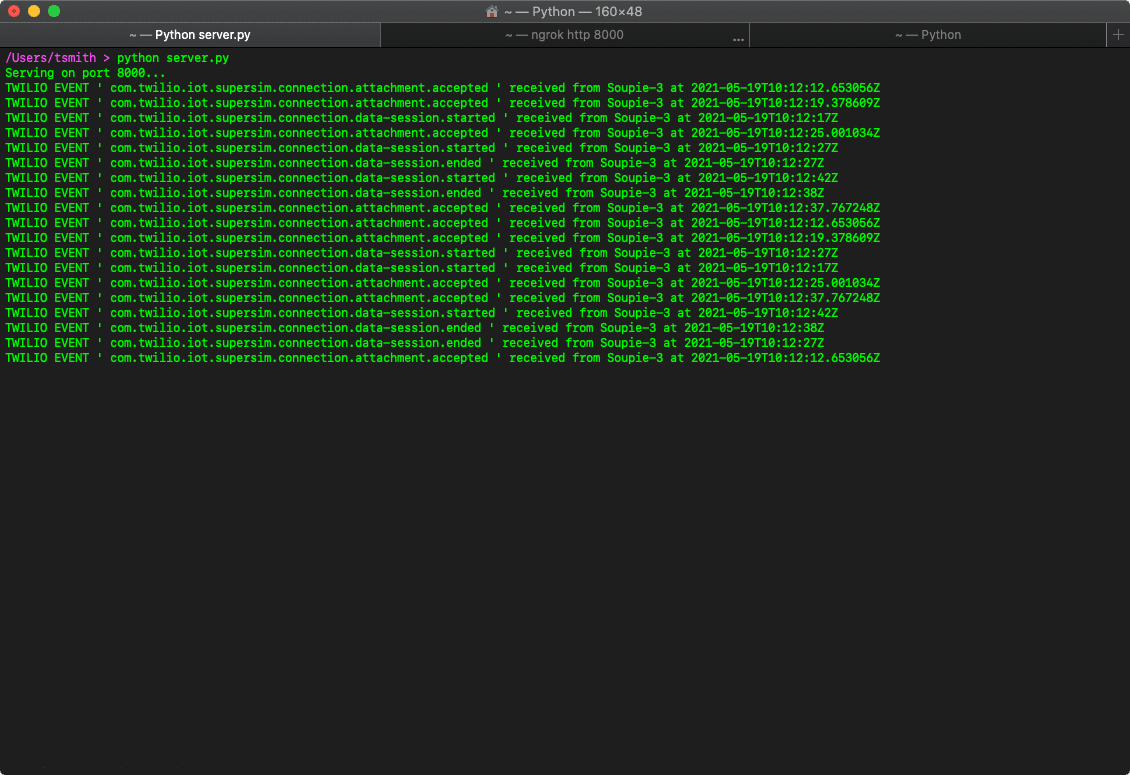 Super SIM Event Streams log output.