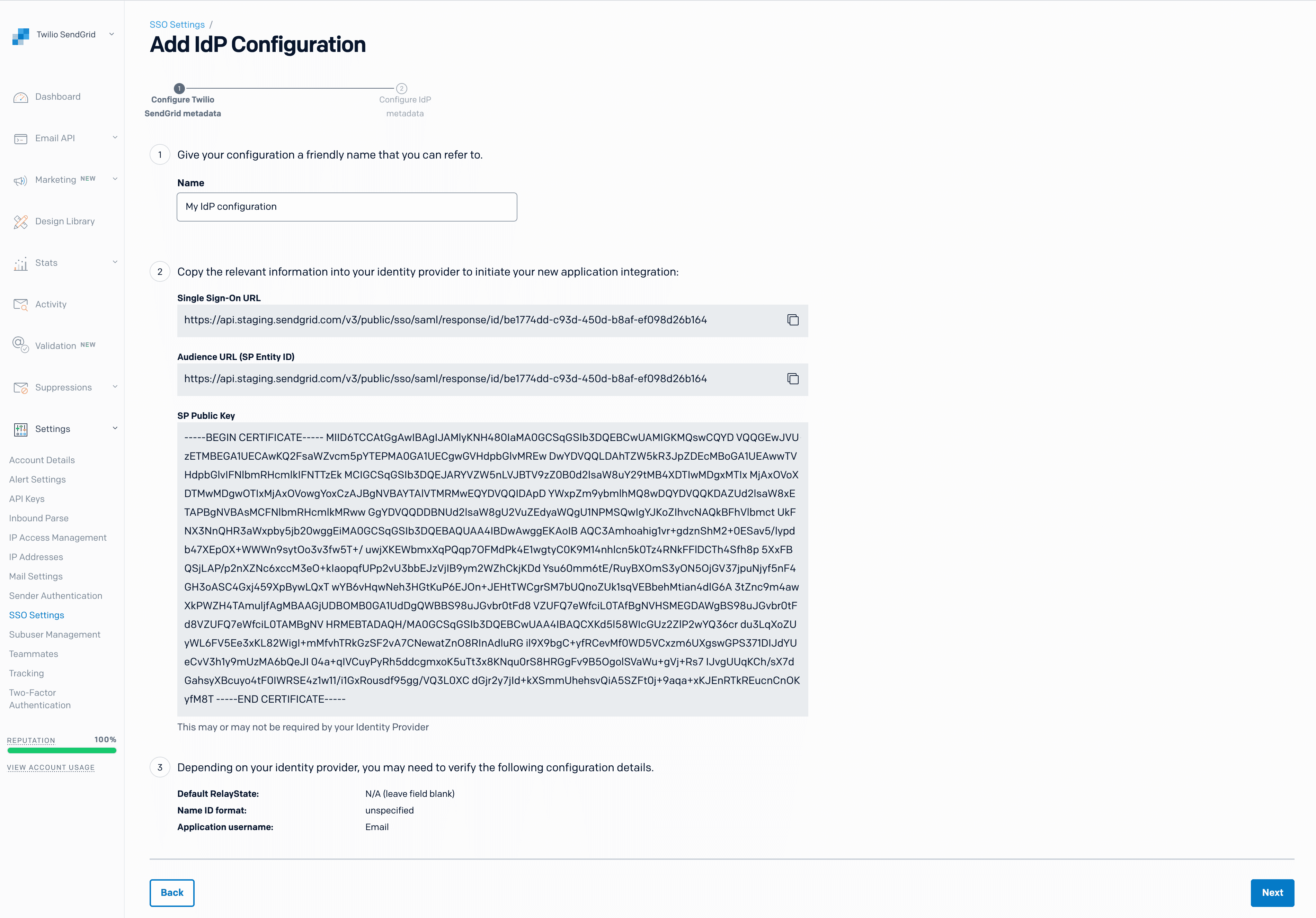 SSO configuration page with fields for IdP name, Single Sign-On URL, Audience URL, and SP Public Key.