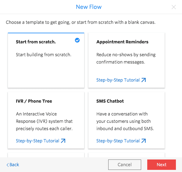 New Flow template options: Start from scratch, Appointment Reminders, IVR / Phone Tree, SMS Chatbot.