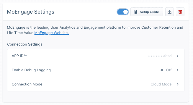 Screenshot of MoEngage Settings page.