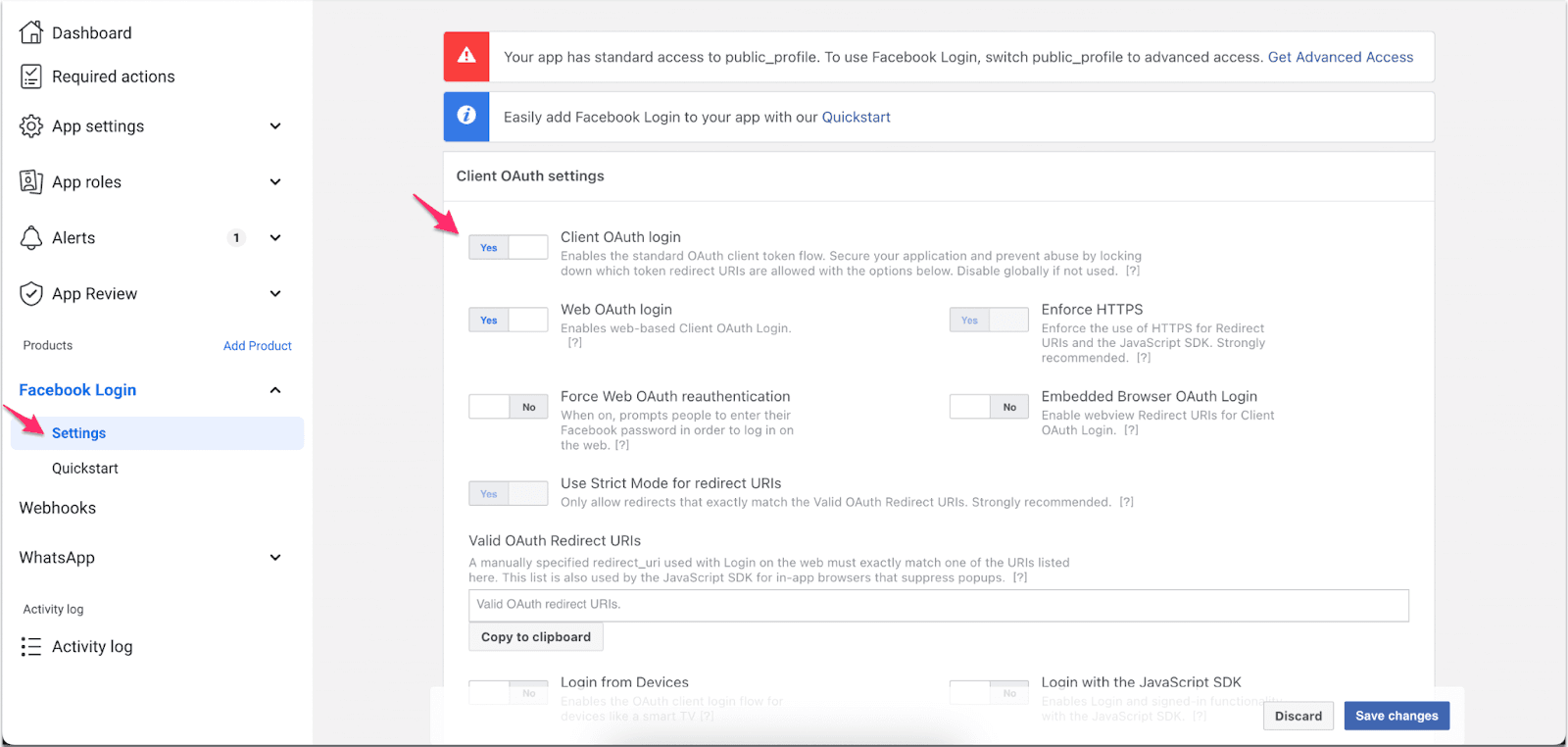 Facebook Login settings with options for OAuth login, HTTPS enforcement, and redirect URIs.