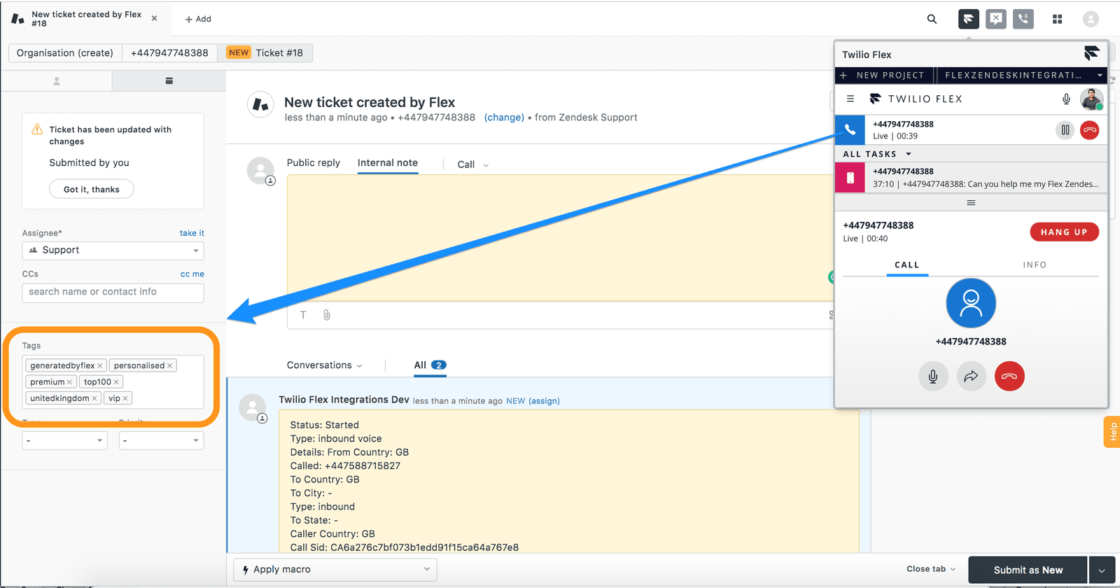 Zendesk ticket with tags including generatedbyflex and personalised, linked to Twilio Flex call interface.