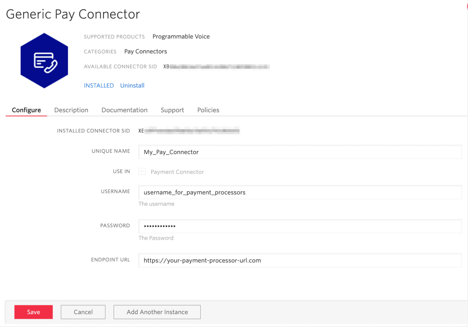 Configure Generic Pay Connector with unique name, username, password, and endpoint URL.