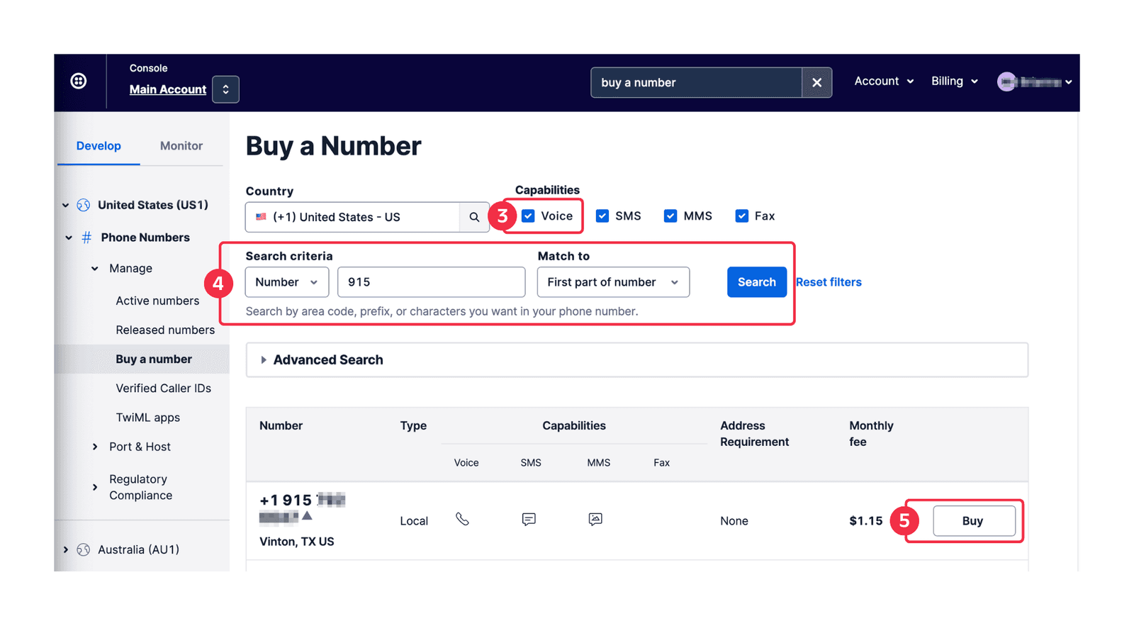 Console Screenshot - Buy a Phone Number page.