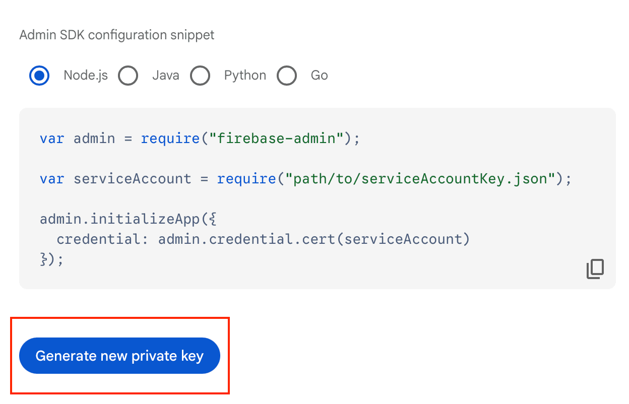 Admin SDK configuration snippet with Node.js code example and a button labeled Generate new private key.