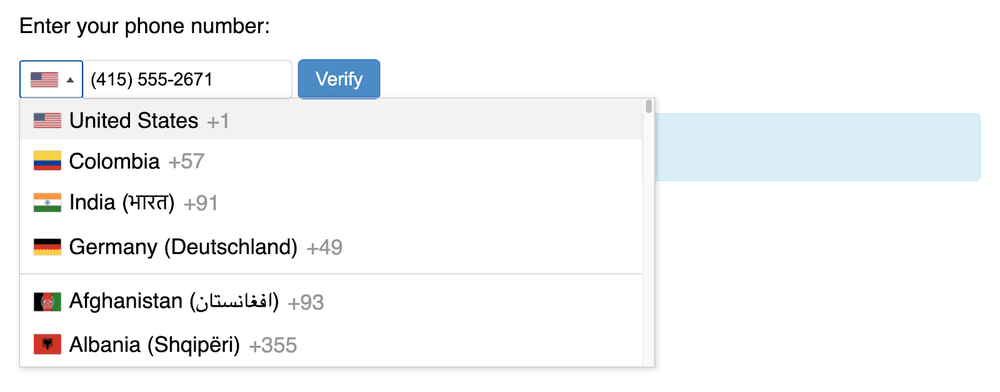 Phone number input with country code converted to E.164 format.