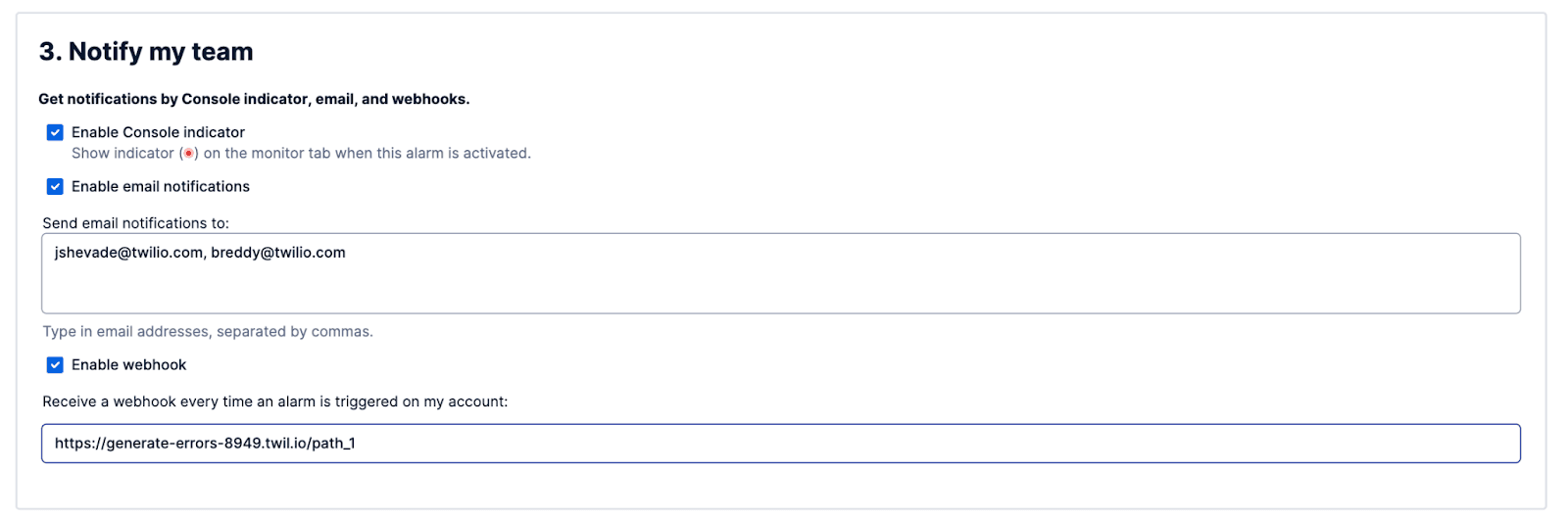 View of the notification configuration options for step 3.