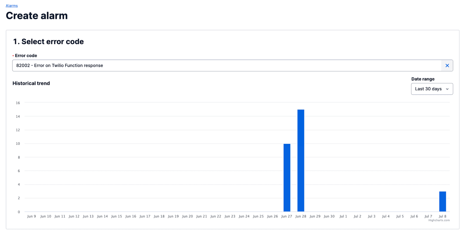 A view of the error trend graph that is generated after selecting an error code as the target for your Alarm.
