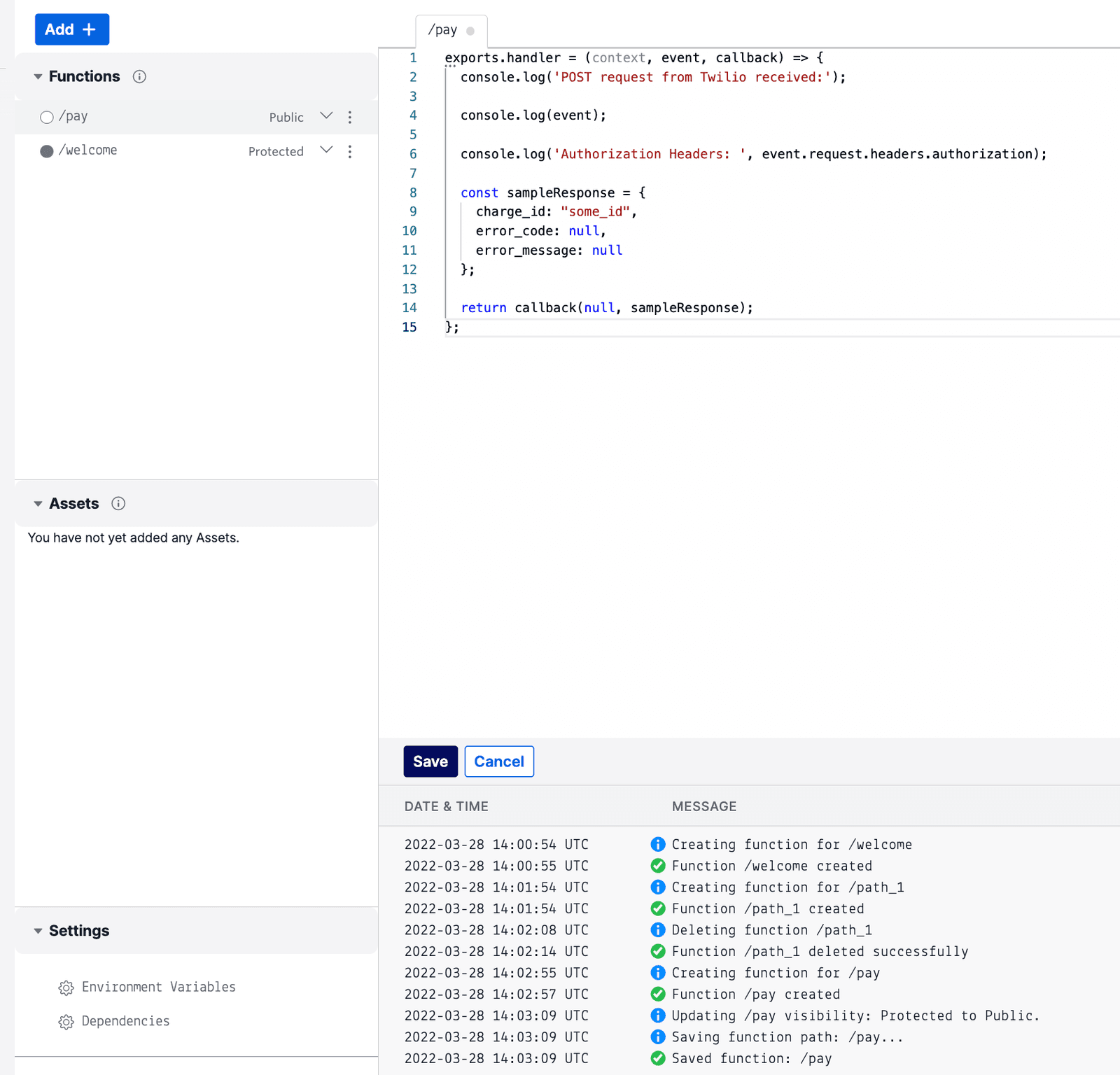 Change /pay path visibility to Public in Functions pane using dropdown.