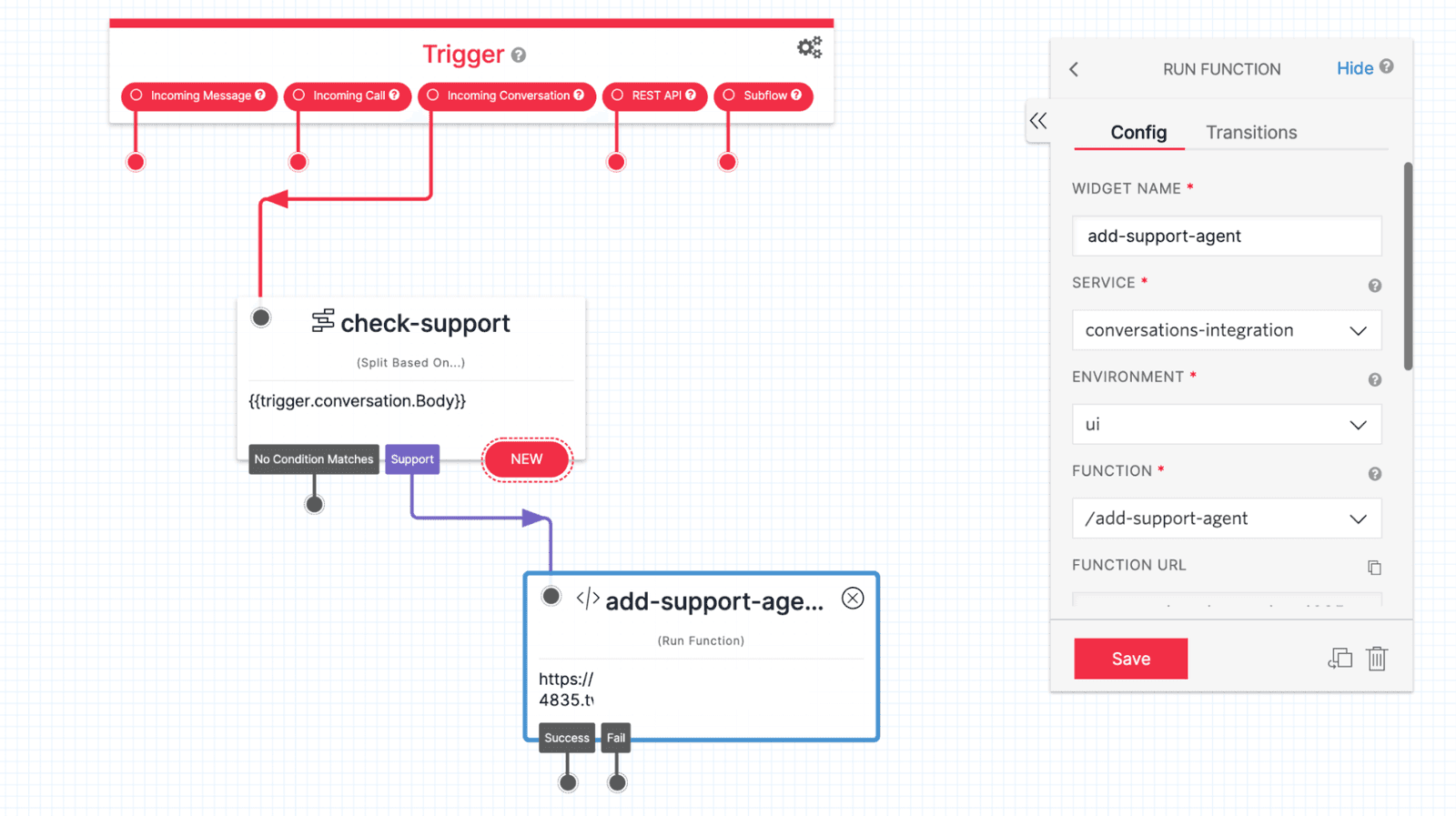 Twilio Studio Tutorial Conversations Run Function widget on the Canvas with the Configuration panel shown.