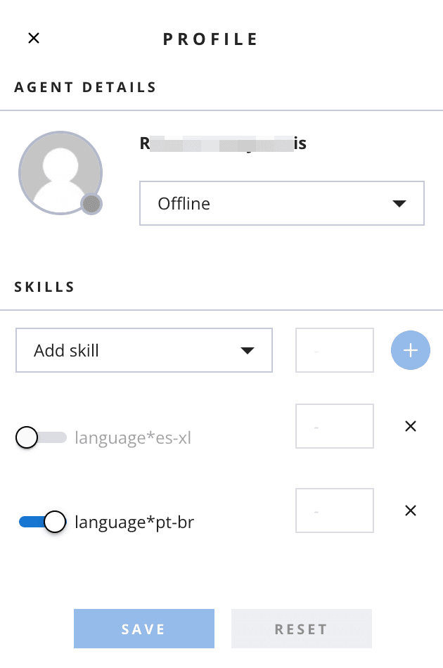 Profile settings showing agent status offline and language skills selection.