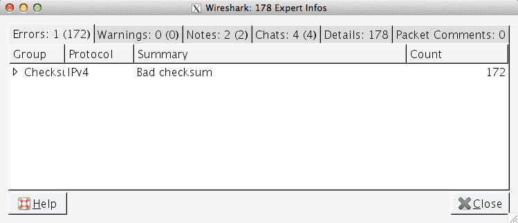 Wireshark expert info showing 172 IPv4 checksum errors.