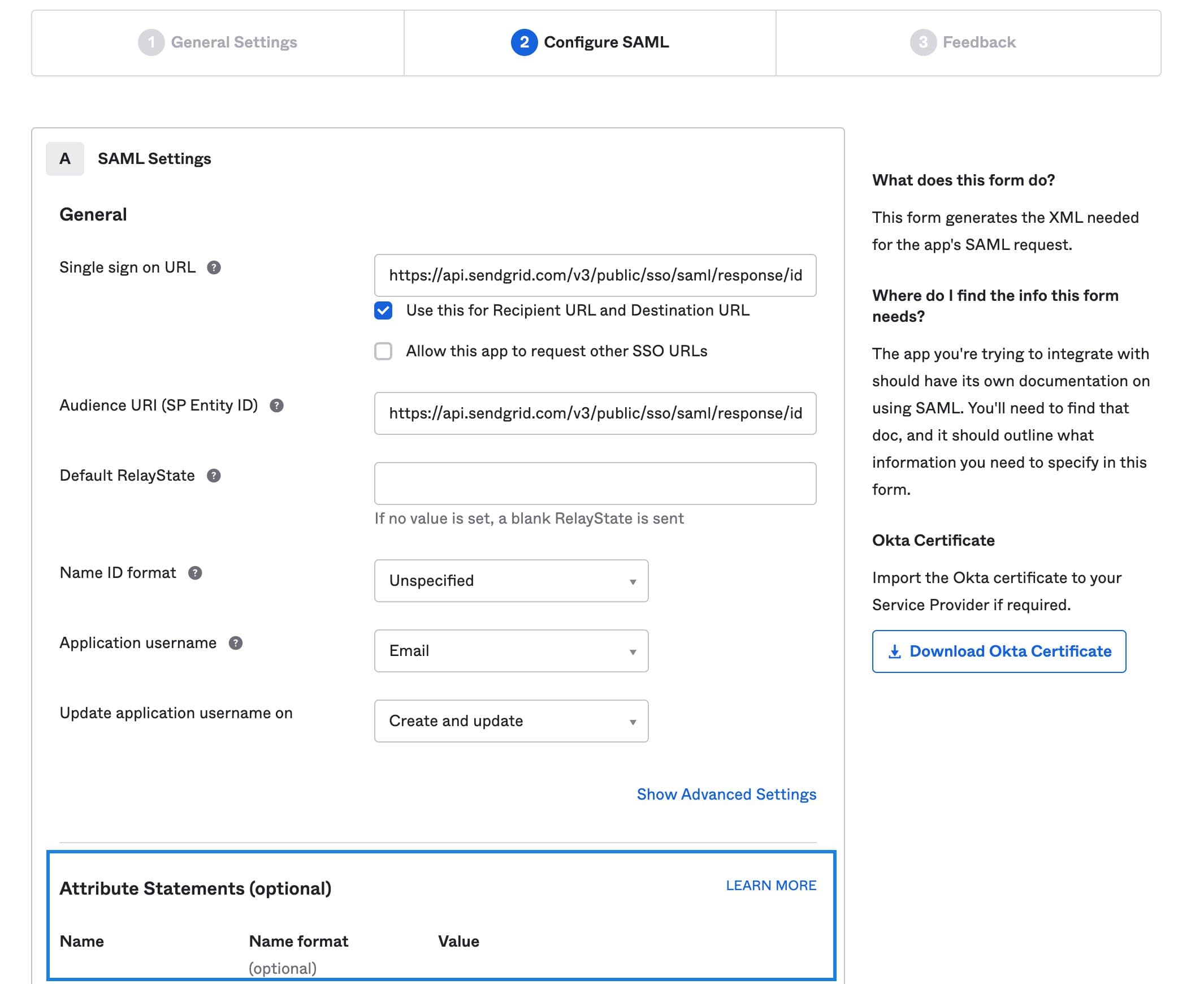 Okta SAML settings with fields for Single sign on URL, Audience URI, and Name ID format.