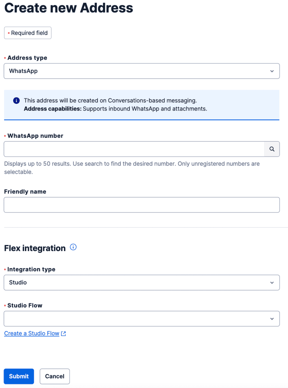 Form to create a new WhatsApp address with fields for address type, WhatsApp number, and Flex integration.