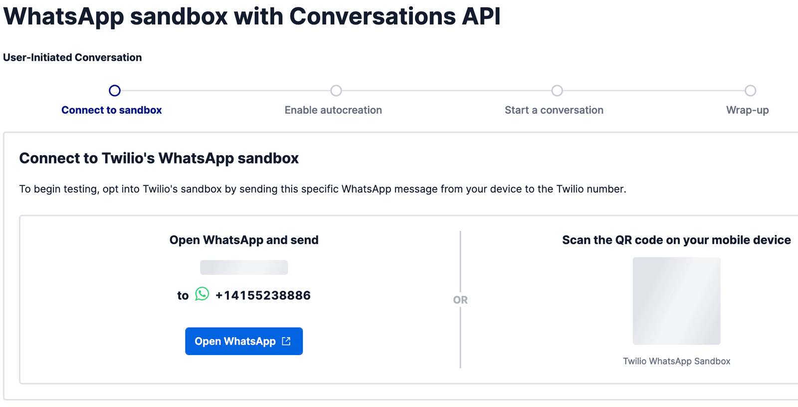 Instructions to connect to Twilio's WhatsApp sandbox by sending a message or scanning a QR code.