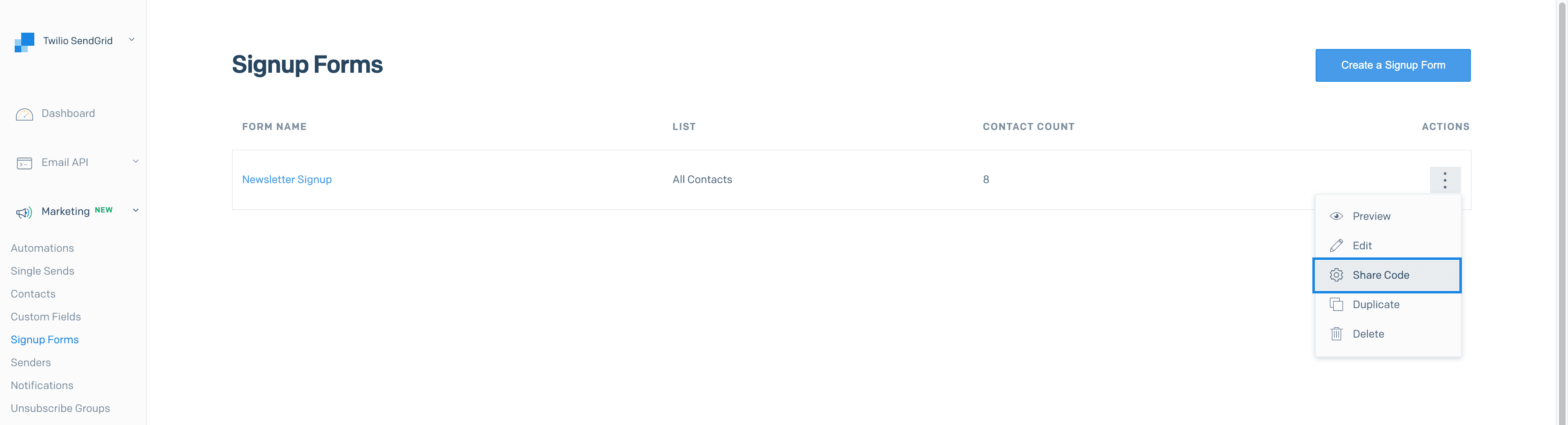 The action menu (three dots) open with the 'Share Code' menu item highlighted.