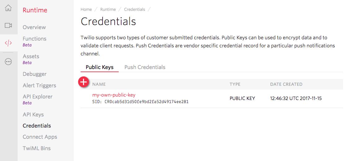Twilio's Credentials page showing a public key named 'my-own-public-key' with SID and creation date details.