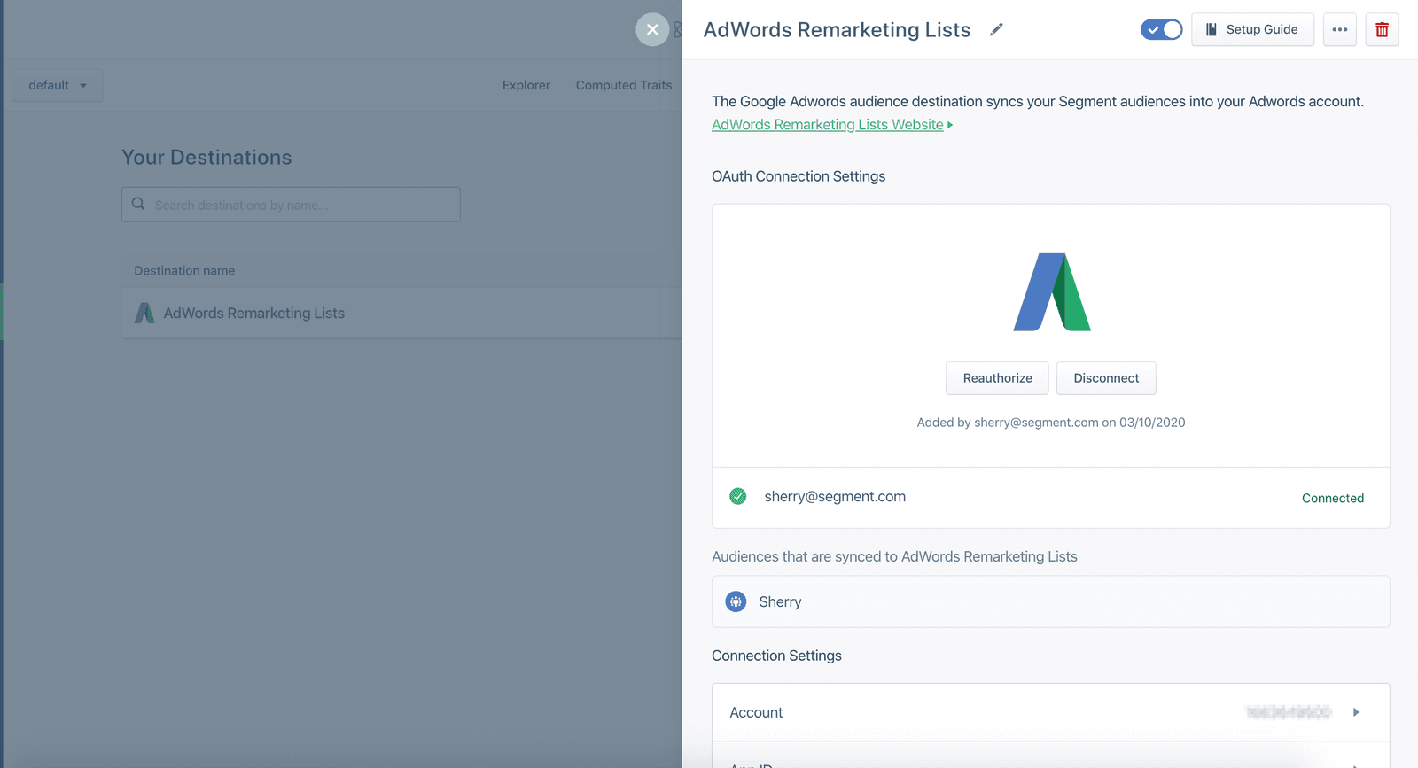 A screenshot of the Segment destinations page, with the Google AdWords Remarketing Lists destination selected.