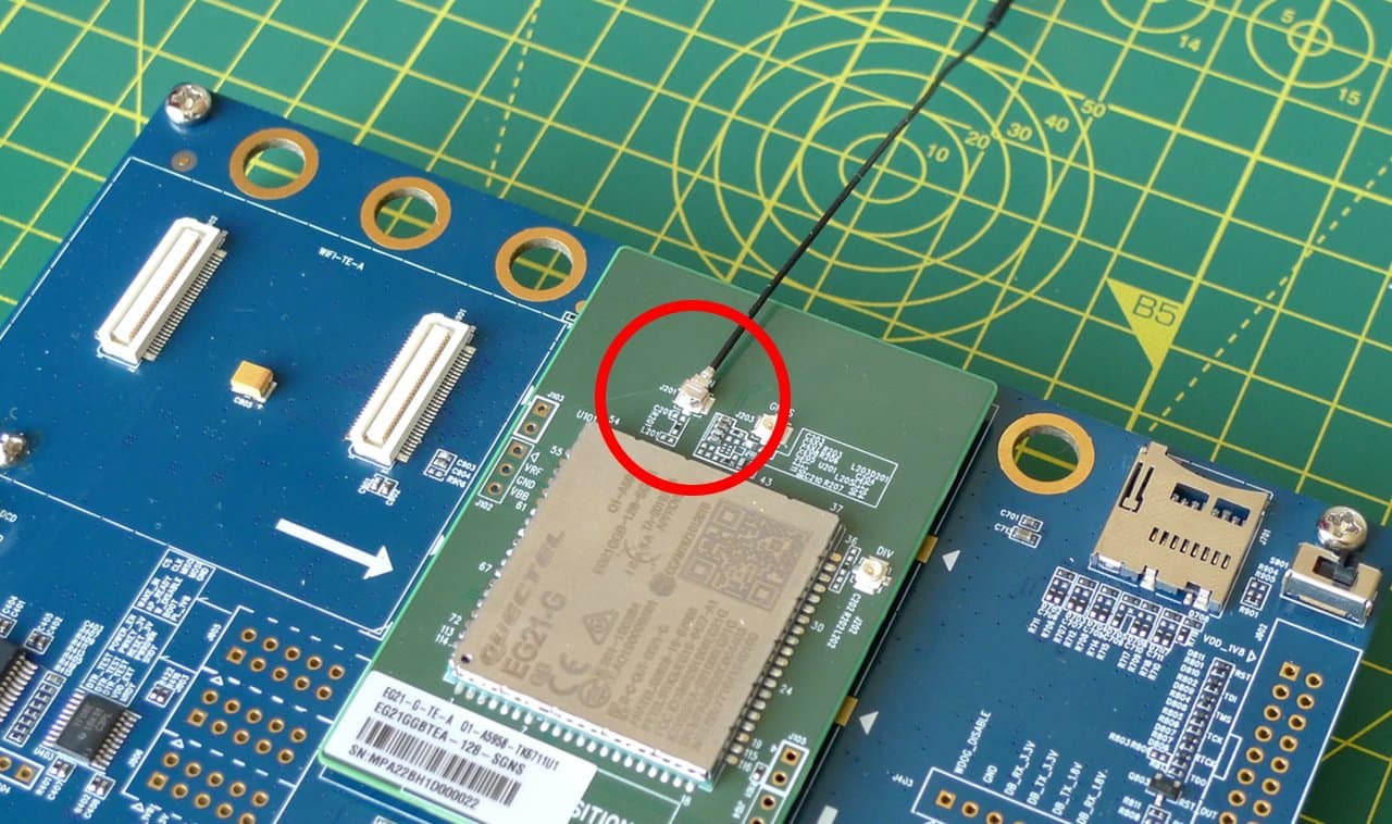 Fit the whip antenna adapter to the test card connector marked main.