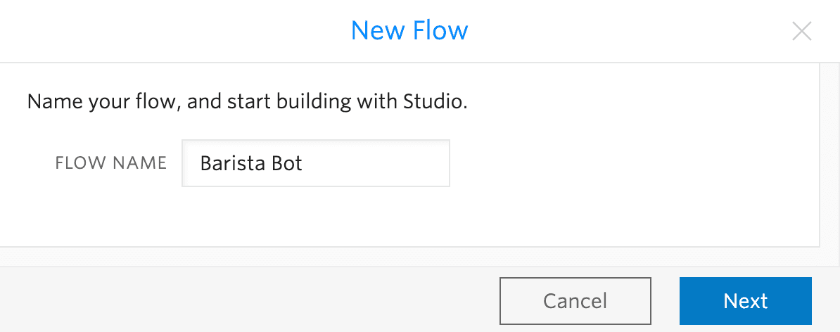 New flow setup with name 'Barista Bot' and options to cancel or proceed.
