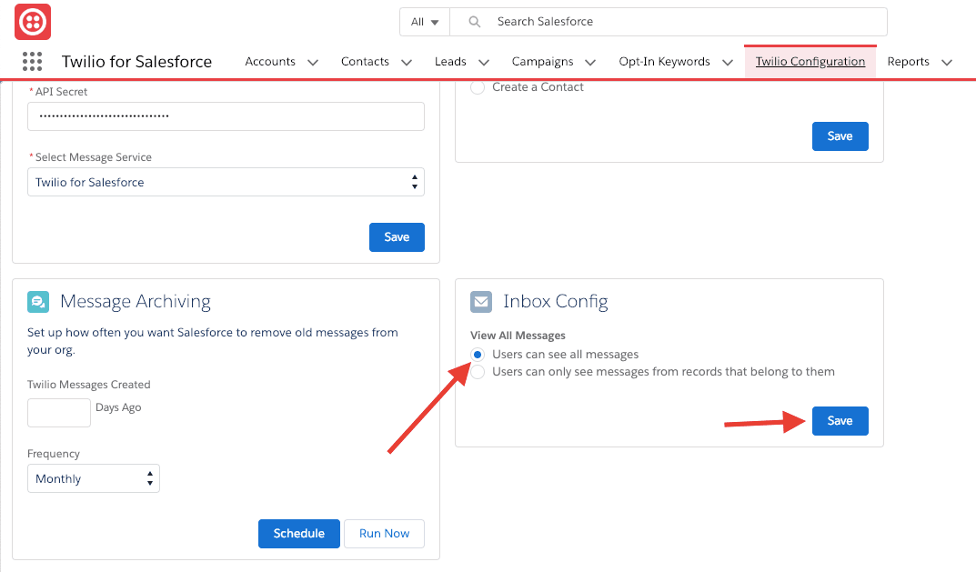 Twilio for Salesforce SMS Inbox configuration with options to view all messages or user-specific messages.