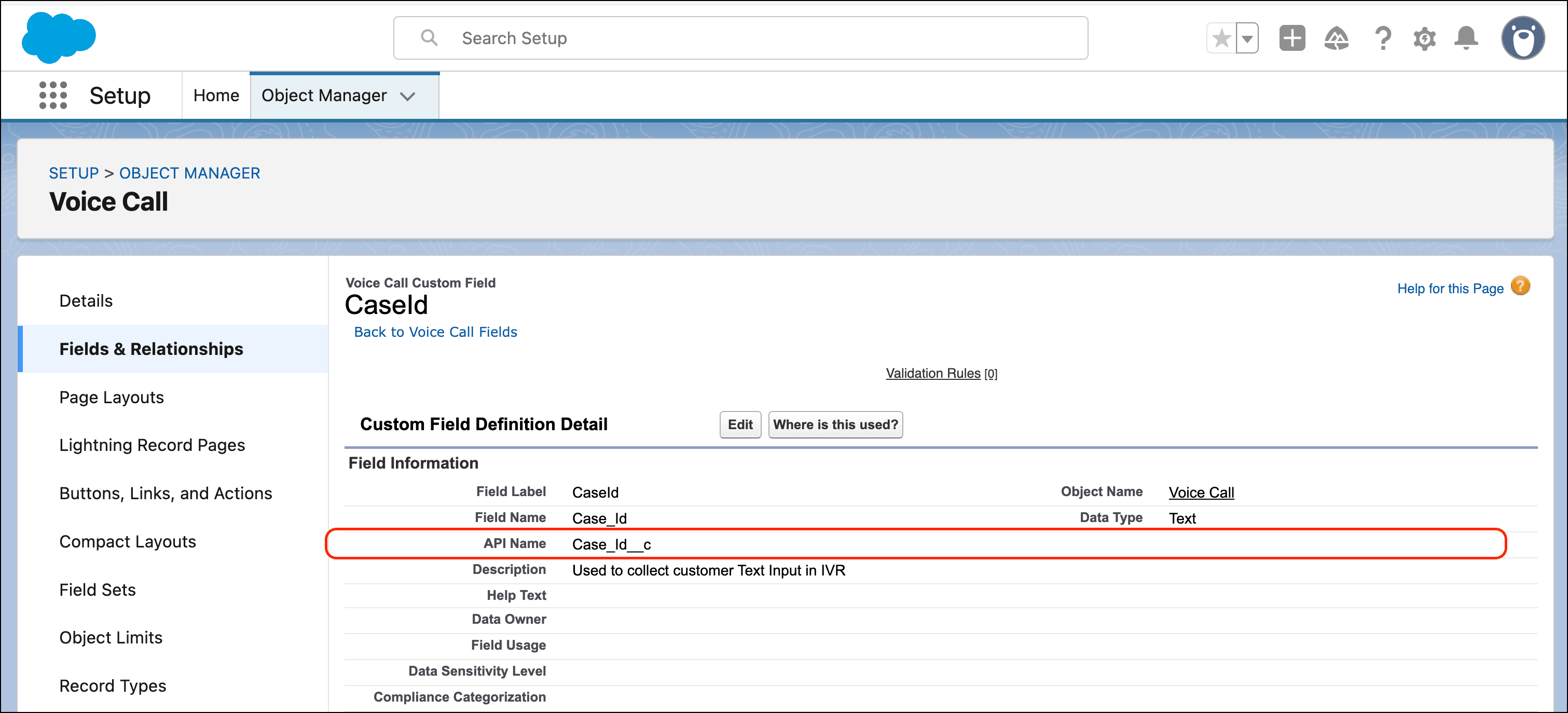 Adding a new field to the Voice Call object in Salesforce.