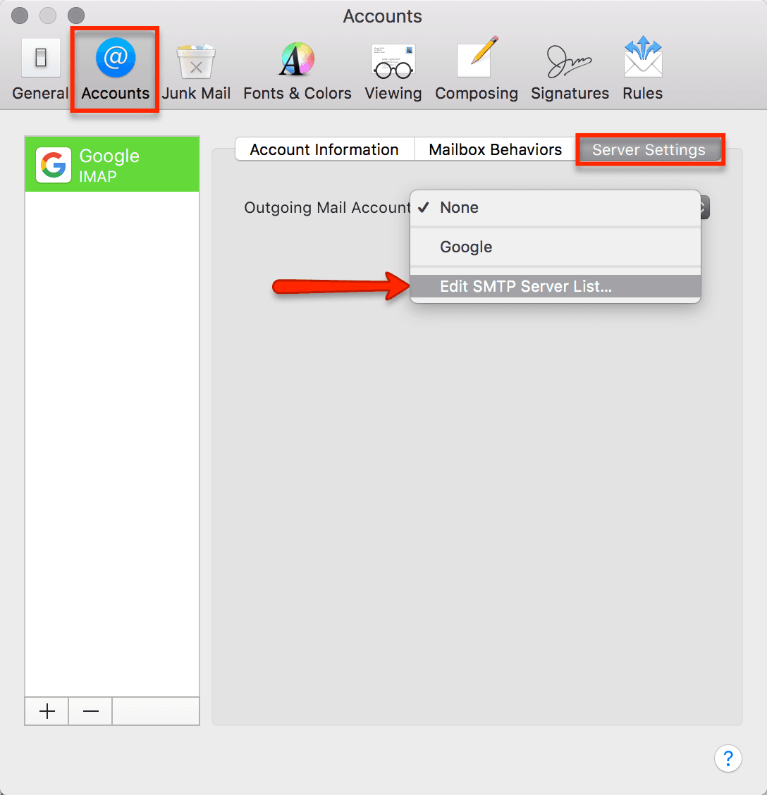 Apple Mail Accounts tab showing Server Settings with Edit SMTP Server List option highlighted.