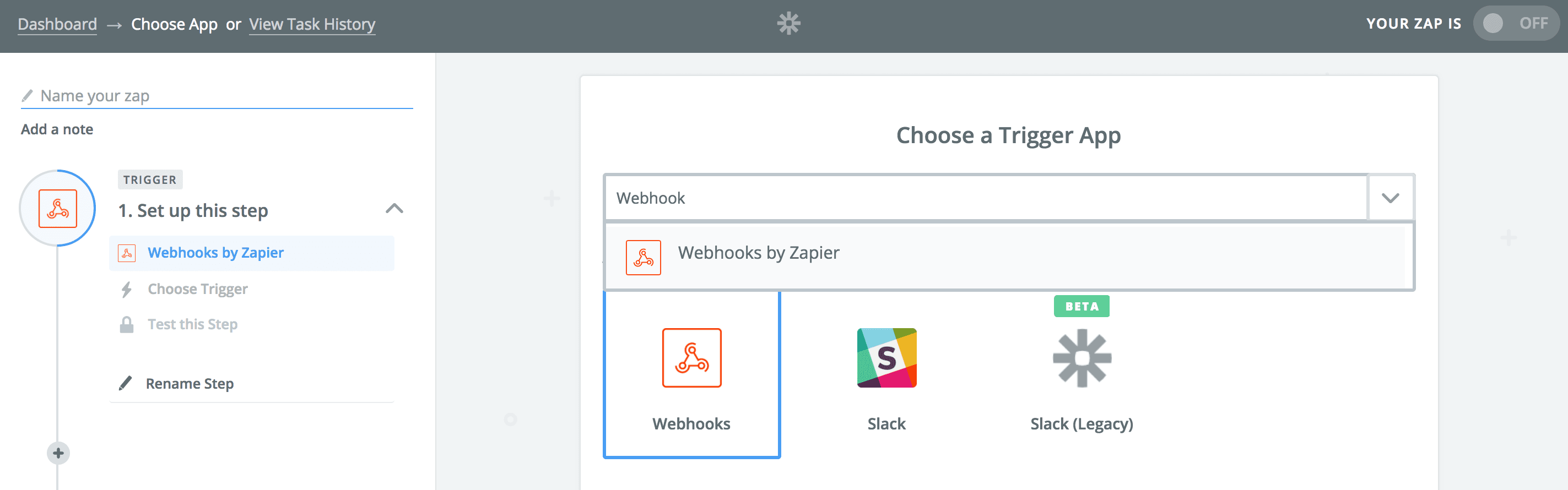 Screenshot of the Make a Zap setup flow in Zapier.