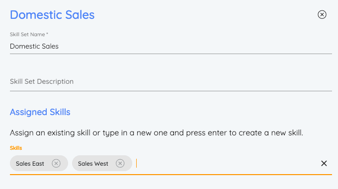Skill set form for Domestic Sales with assigned skills Sales East and Sales West.