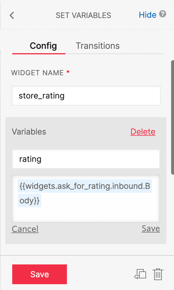 Twilio Studio set variables config with widget name store_rating and variable rating.