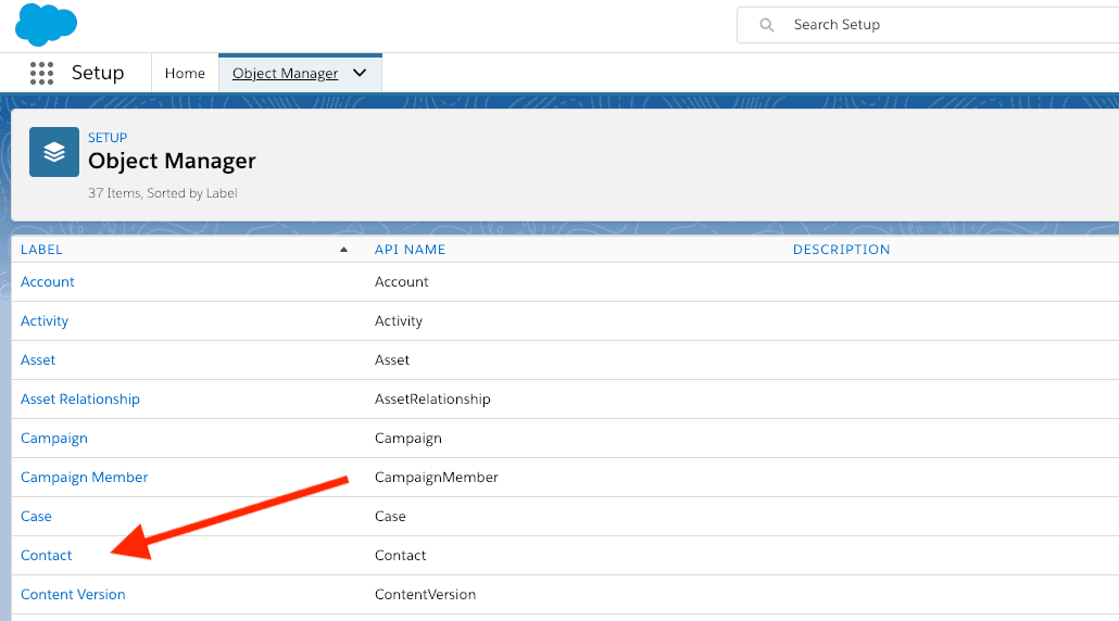 Salesforce Object Manager highlighting the Contact object.