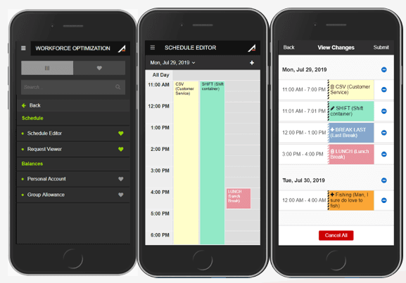 Mobile app screens showing workforce optimization, schedule editor, and schedule changes.