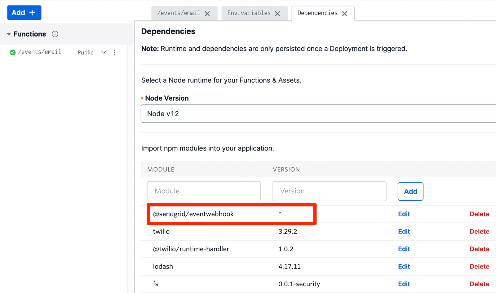 Node v12 dependencies list with highlighted sendgrid event webhook.