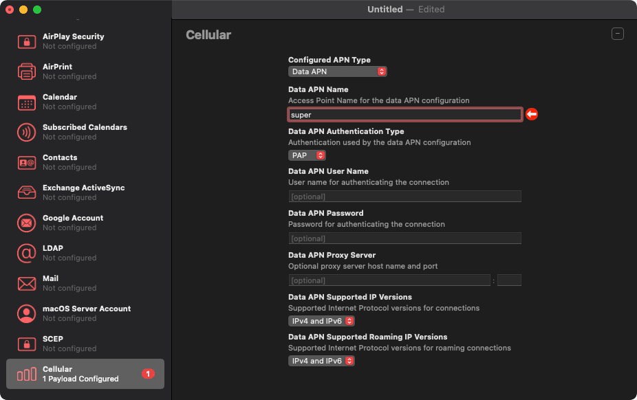 Set your cellular configuration, including the APN.