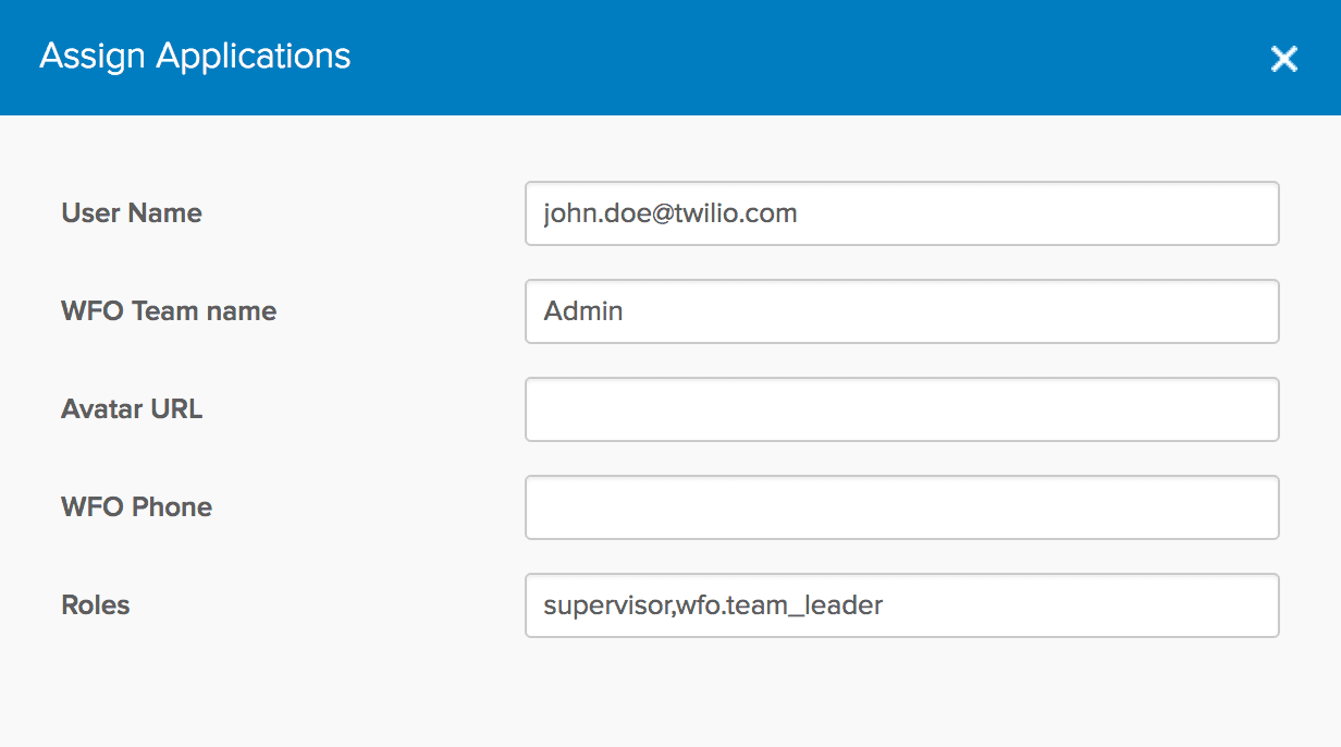 Assign Applications form with fields for User Name, WFO Team name, Avatar URL, WFO Phone, and Roles.