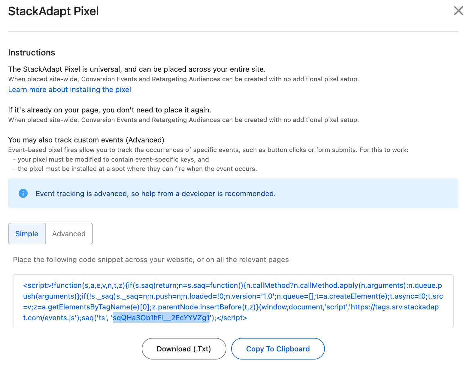 Image showing location of universal pixel ID in code snippet.