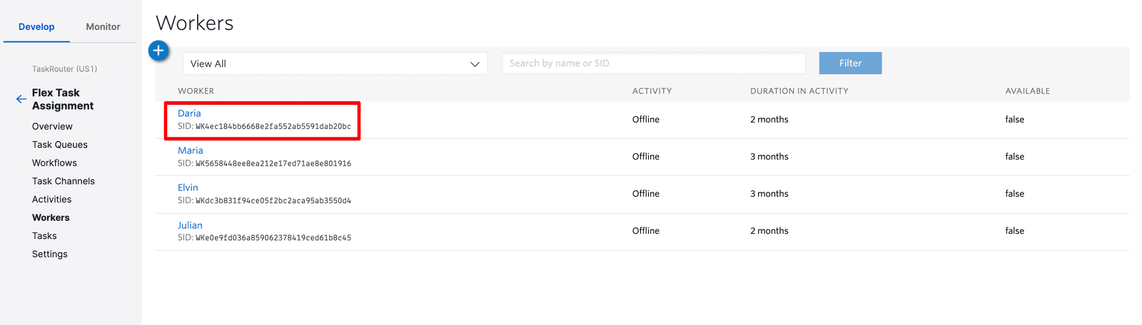 Worker list with Daria highlighted, showing SID, activity status, and duration.