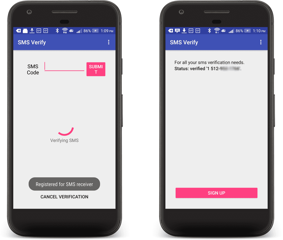 Two Android screens showing SMS verification process with submit and sign-up buttons.