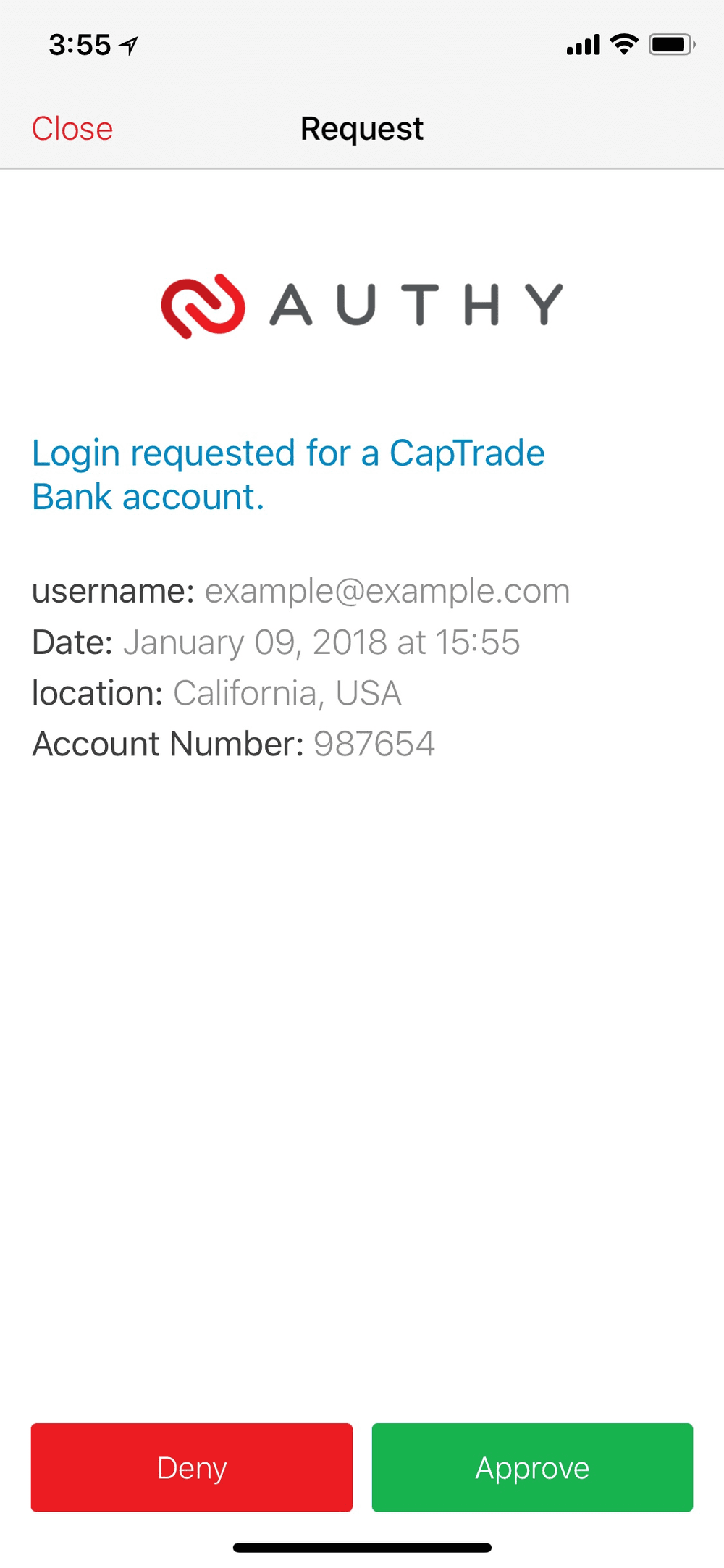 Authy push request for CapTrade Bank login with approve and deny options.
