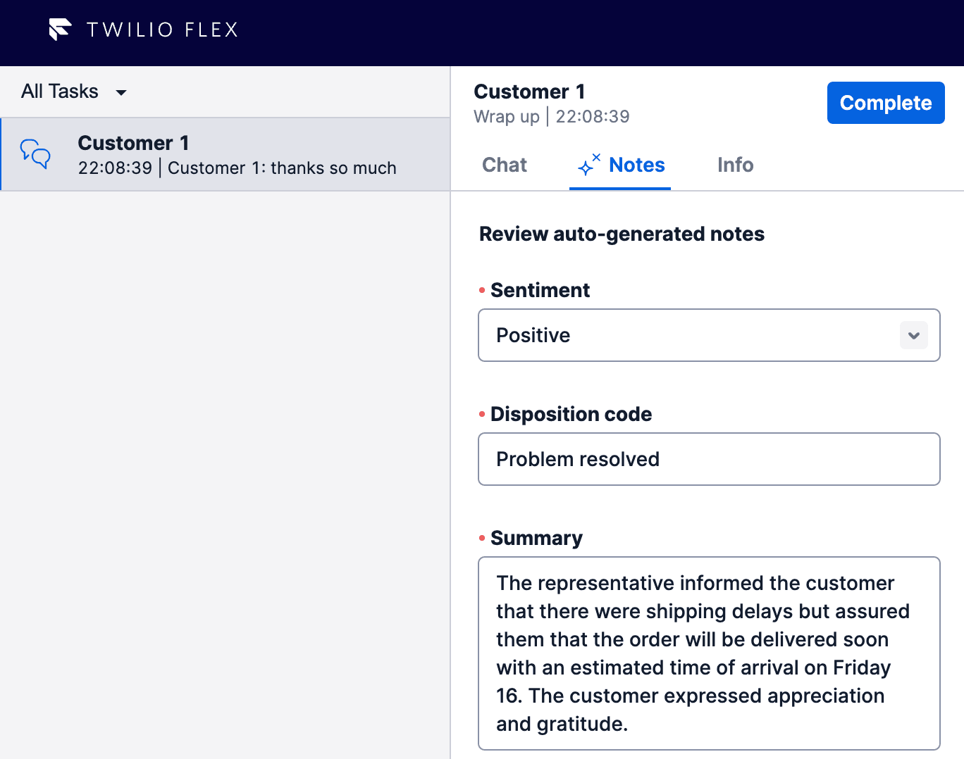 Example of wrap-up notes in the Flex UI.